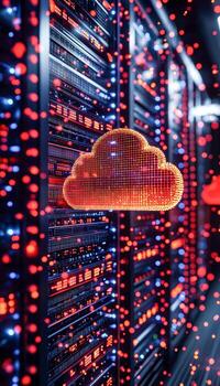 Digital cloud storage icon in a high-tech data center with glowing servers and data points photo