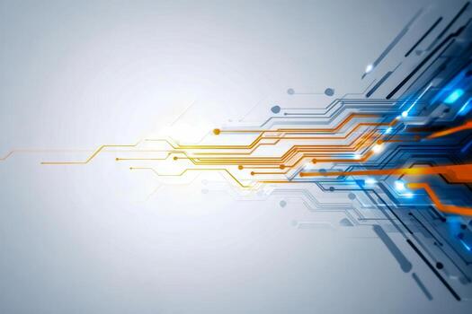 Abstract technology background with interconnected orange and blue circuit lines symbolizing digital innovation and futuristic electronic communication network design photo