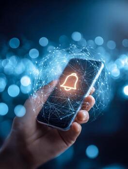 Digital notification alert on a smartphone with futuristic networking effects photo