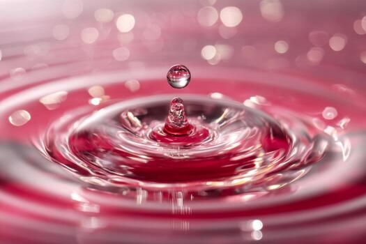 Close-up of a water droplet creating ripples in a pink liquid surface with sparkling light reflections, capturing the beauty and dynamic motion of fluid dynamics. photo