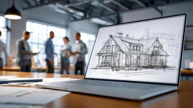 Modern workspace with laptop showing architectural house design and team of professionals collaborating on building project in background photo
