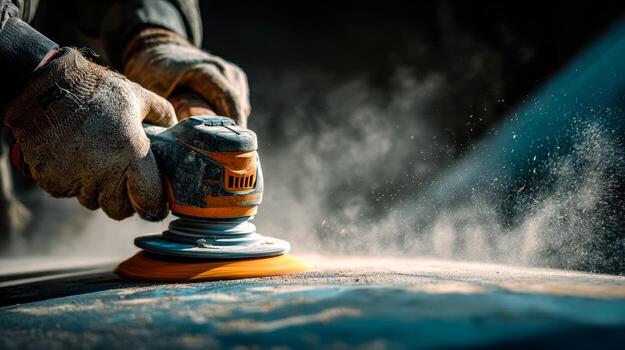 Close-up of a person using a power buffer on a vehicle's surface in a workshop setting photo