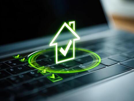 Digital home verification concept with futuristic house icon and checkmark over a keyboard photo