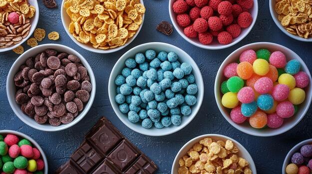 Assorted colorful candies and chocolates in bowls on a dark surface photo
