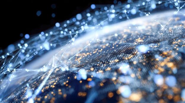 Digital representation of a globe with interconnected glowing nodes depicting global communication and network connectivity across a dark background photo