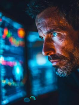 Focused man analyzing data on a computer screen in a high-tech environment photo
