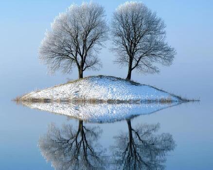 Two trees on an island in the middle of a lake photo