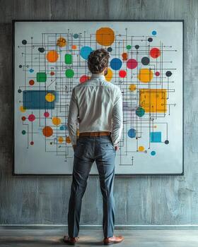 A businessman observing a colorful abstract data visualization on a large whiteboard in a modern office setting photo