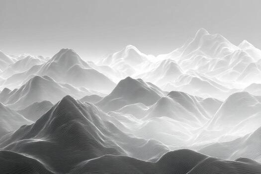 Abstract digital illustration of layered mountain ranges with flowing contour lines creating a futuristic and textured landscape in monochrome shades of gray and white photo