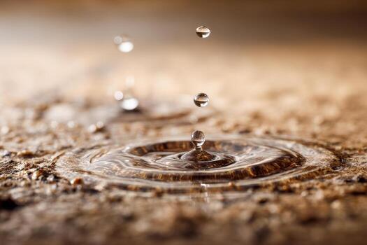 Close-up of transparent water droplets falling and creating ripples on a textured surface with soft natural lighting and a blurred background effect photo