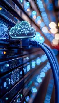 Digital cloud computing network connection in data center with server rack and glowing cloud icon photo