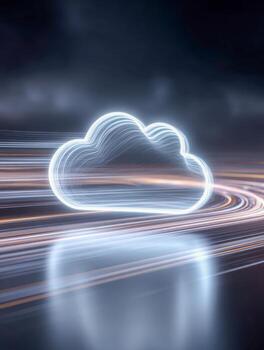 Futuristic glowing cloud shape surrounded by dynamic light trails symbolizing digital data flow and advanced technology concepts in a dark atmosphere photo