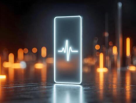 Futuristic transparent smartphone with glowing heartbeat icon floating above reflective surface in dark ambient setting with warm bokeh lights in background photo