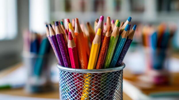 A vibrant collection of sharpened colored pencils arranged neatly in a metal mesh holder with a blurred creative workspace in the background photo