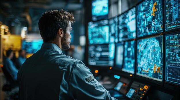A man monitoring multiple digital screens displaying data and graphics in a high-tech control room photo