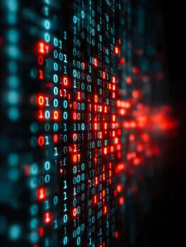 Digital data stream with glowing binary code in a futuristic cyber environment photo