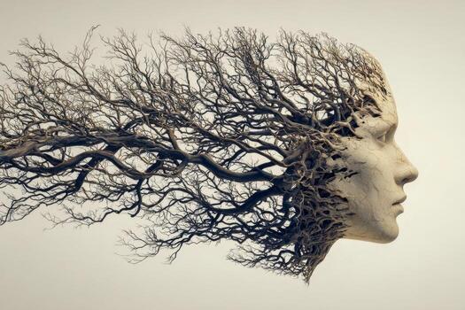 Surreal artistic concept of a human face morphing into intricate tree branches symbolizing connection between mind and nature in a detailed side profile view photo