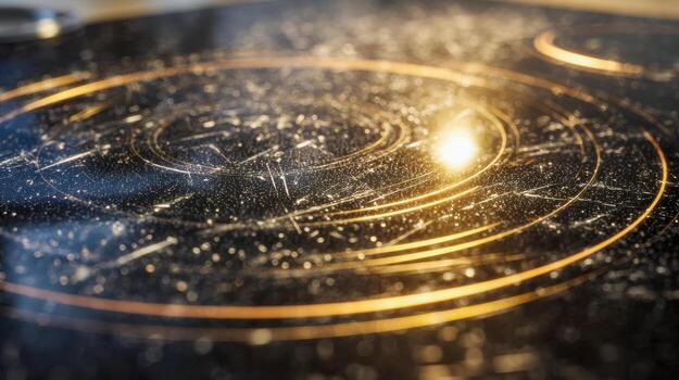 resumen de cerca de brillante dorado espiral líneas en un oscuro reflexivo superficie creando un cósmico y futurista atmósfera con reluciente partícula efectos y ligero reflexiones foto