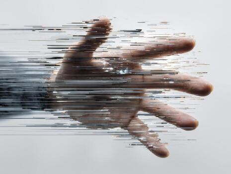 Futuristic digital transformation concept showing a human hand dissolving into horizontal pixelated lines against a clean white background with a technology theme photo