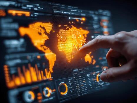 Human hand interacting with futuristic digital touchscreen displaying illuminated world map and advanced data analytics in a high-tech control environment photo