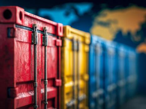 Close-up of colorful shipping containers in red, yellow, and blue aligned in a row with a blurred global map background representing worldwide logistics and trade concepts photo
