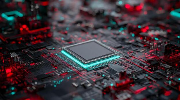Advanced microprocessor embedded in a high-tech circuit board with glowing accents photo