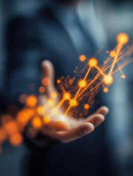 Businessperson presenting innovative glowing orange data trend graph floating above an open hand with a blurred background for growth concepts photo