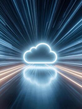 Glowing futuristic cloud symbol with radiant streaks of light representing fast data transfer and advanced digital technology concepts in a sleek environment photo