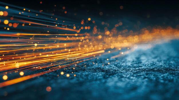 Dynamic stream of glowing orange particles and light trails flowing over a textured dark surface creating a vibrant futuristic visual effect with depth of field blur photo