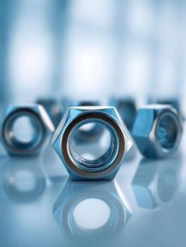 Close-up view of metallic nuts arranged in a line on a reflective surface, emphasizing precision engineering and industrial assembly in a modern manufacturing environment photo