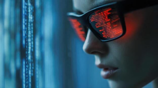 Focused person wearing reflective sunglasses with red coding reflected on lenses analyzing digital data streams on blue background in cybersecurity context photo
