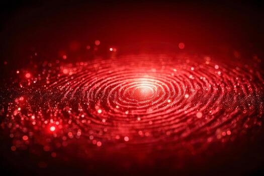 Close-up of a glowing red digital fingerprint pattern illuminated with bright dots symbolizing biometric security and advanced identification technology in a dark setting photo