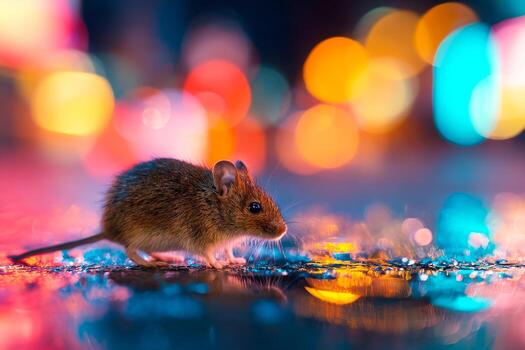 Close-up of a tiny mouse on a reflective surface with colorful bokeh lights in the background photo