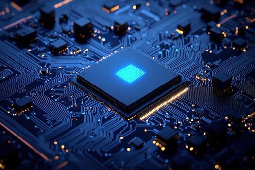 Close-up of a computer processor on a circuit board with glowing blue chip and intricate electronic pathways photo