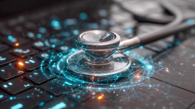 Metallic stethoscope placed on laptop keyboard with glowing digital network connections symbolizing technology diagnostics and cyber health monitoring concept photo