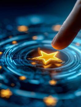 Human finger interacting with glowing star icon on futuristic digital interface representing technology and user experience in a high-tech environment photo