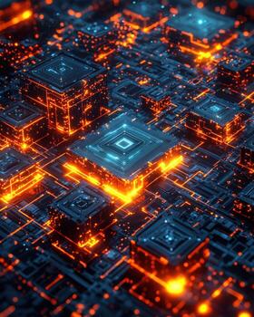 Futuristic digital circuit board with glowing blue and orange elements photo