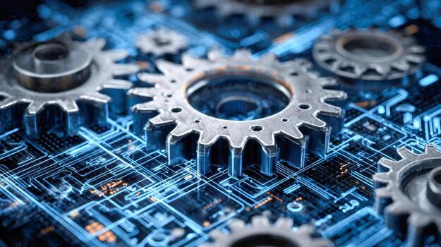 Gears on a digital circuit board symbolizing technological innovation and mechanical integration photo