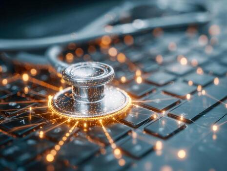Close-up of a stethoscope on a modern keyboard with digital glowing network connections representing the fusion of healthcare and technology innovation concepts photo
