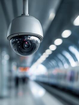 Close-up of modern security camera monitoring activity in a spacious, futuristic train station with blurred background and bright lighting reflections photo