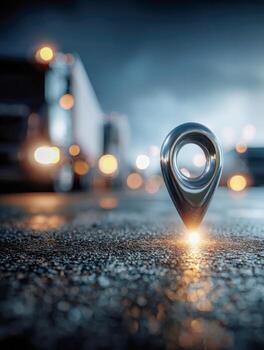 A glowing metallic location marker on wet pavement symbolizing navigation and tracking in a blurred urban environment with lights and vehicles in the background photo