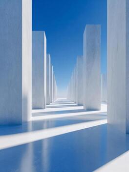 Abstract endless row of white rectangular pillars creating a geometric pattern with long shadows under clear blue sky in minimalist architectural space photo