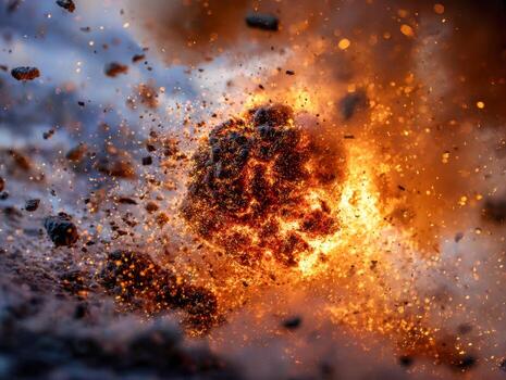 Close-up of a fiery explosion with flying debris and glowing sparks captured in dynamic motion against a blurred background representing intense energy discharge photo
