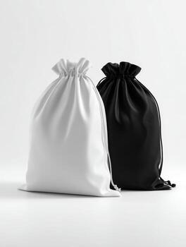 Minimalistic white and black fabric drawstring bags standing side by side on clean white background with soft lighting and subtle shadows in modern studio setting photo