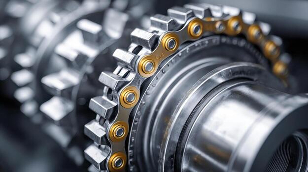 Detailed view of shiny metallic gears and a lubricated chain mechanism showcasing industrial machine components in a close-up mechanical engineering concept image photo