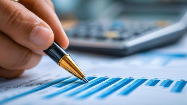 Person analyzing financial data and bar charts with a pen while using a calculator for accurate business planning and statistical review photo