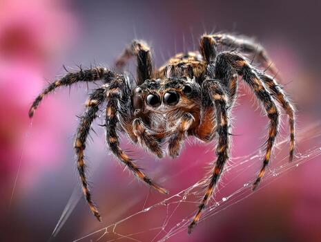 Close-up of a jumping spider on its web with colorful blurred background photo