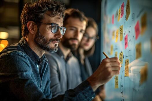 Team brainstorming session with sticky notes on a whiteboard for project planning photo