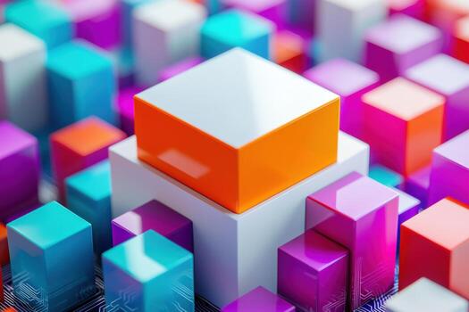 un vistoso cubo rodeado por muchos diferente de colores cubitos foto