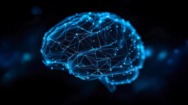 Digital illustration of a human brain with interconnected glowing nodes and lines representing neural networks photo